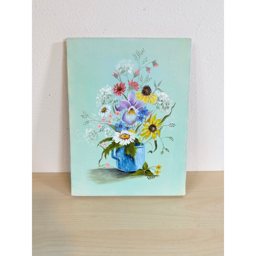 Vtg Small Original Floral Still Life Oil Painting Blue Pitcher